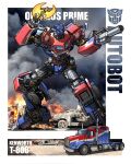 1boy arm_cannon autobot axe blue_eyes character_name fire ground_vehicle highres mecha motor_vehicle no_humans optimus_prime redesign science_fiction solo_focus theamazingspino transformers truck weapon 
