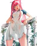  1girl ahoge ass_visible_through_thighs blue_eyes breasts bulge cowboy_shot erection erection_under_clothes fang futanari hair_bun highres long_hair looking_down original penis pink_hair see-through shiratama_(monster1553) solo standing wet wet_clothes 