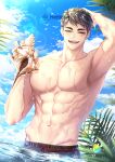  1boy :d abs arm_up armpits bangs beach bird black_hair blue_sky blush closed_eyes cloud commentary day eyebrows facing_viewer grey_eyes haikyuu!! hand_on_head hemoon holding holding_shell male_focus male_swimwear male_underwear miya_osamu navel ocean open_mouth outdoors palm_tree partially_submerged pectorals seagull shell short_hair sky smile solo summer swim_trunks symbol-only_commentary teeth toned toned_male topless_male tree twitter_username underwear water wet 