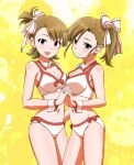  artist_name artist_request bangs bikini breasts brown_eyes brown_hair cleavage closed_mouth commentary eyebrows_visible_through_hair futami_ami futami_mami highres idolmaster idolmaster_(classic) interlocked_fingers long_hair looking_at_viewer medium_breasts navel open_mouth short_hair siblings side_ponytail sisters smile swimsuit symbol-only_commentary twins white_bikini wrist_cuffs 