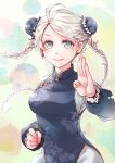  1girl ahoge alternate_costume bangs blue_eyes braid breasts chinese_clothes closed_mouth commentary_request earrings ebi_puri_(ebi-ebi) fire_emblem fire_emblem_fates jewelry long_hair looking_at_viewer medium_breasts nina_(fire_emblem) silver_hair smile solo turtleneck twin_braids upper_body 