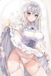 1girl blue_eyes blush breasts clothes_lift dress dress_lift garter_belt highres lillly lingerie long_hair looking_at_viewer original panties seductive_smile smile solo thick_thighs thighhighs thighs underwear white_dress white_hair white_legwear white_panties window 