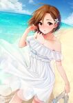  1girl absurdres beach blue_sky blush bracelet breasts brown_hair cleavage collarbone cowboy_shot day dress dutch_angle earrings eyebrows_visible_through_hair flower hair_flower hair_ornament hand_up highres holding holding_clothes holding_footwear horizon idolmaster idolmaster_cinderella_girls jewelry looking_at_viewer medium_breasts mizuki_seira necklace ocean off-shoulder_dress off_shoulder parted_lips sandals sandals_removed see-through short_hair sky solo standing stud_earrings water white_flower wind yellow_eyes yuki_sizuku 