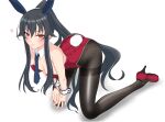  1girl absurdres animal_ears bangs black_hair black_legwear blush boots breasts closed_mouth collar commentary_request eyebrows_visible_through_hair fake_animal_ears fake_tail hair_between_eyes high_heel_boots high_heels highres kantai_collection leotard long_hair medium_breasts necktie nitamako_(sakamalh) pantyhose playboy_bunny ponytail rabbit_ears red_eyes red_footwear red_leotard scrunchie sidelocks simple_background smile solo tail white_background white_necktie wrist_cuffs yahagi_(kancolle) 