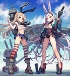  2girls absurdres animal_ears azur_lane bangs bare_legs bare_shoulders black_jacket black_panties blonde_hair blue_sky blunt_bangs boots breasts brown_eyes crop_top crossover day elbow_gloves gloves gun hair_ornament hairband highleg highleg_panties highres holding holding_gun holding_weapon jacket kantai_collection kurobuta_gekkan lifebuoy long_hair looking_at_viewer miniskirt multiple_girls namesake navel neckerchief outdoors panties rabbit_ears rensouhou-chan rudder_footwear sailor_collar school_uniform serafuku shimakaze_(azur_lane) shimakaze_(kancolle) shirt skirt sky small_breasts standing striped striped_legwear thighhighs trigger_discipline underwear v very_long_hair weapon white_gloves white_hair white_shirt yellow_eyes 