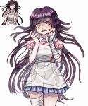  1girl apron artist_name bandaged_arm bandaged_leg bandages bangs blue_skirt blush commentary crying crying_with_eyes_open danganronpa_(series) danganronpa_2:_goodbye_despair floating_hair hands_up long_hair mole mole_under_eye multiple_views nika_kapustka photo-referenced pink_shirt pleated_skirt puffy_short_sleeves puffy_sleeves reference_inset shiny shiny_hair shirt short_sleeves simple_background skirt tears teeth tsumiki_mikan upper_teeth white_apron 