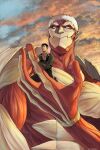  2boys armored_titan bertolt_hoover blonde_hair brown_hair carrying carrying_person cloud cloudy_sky from_below giant giant_male highres male_focus multiple_boys nene_(10575936) reiner_braun shingeki_no_kyojin short_hair size_difference sky spoilers sunset 