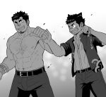  2boys abs bara belt blush bulge chest_hair commentary_request ei_(marutendon) facial_hair fist_bump goatee greyscale grin kengo_(housamo) large_pectorals long_sideburns male_focus master_1_(housamo) mature_male monochrome multiple_boys muscular muscular_male navel nipples pants pectorals short_hair sideburns smile stomach tokyo_afterschool_summoners topless_male 