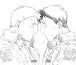  2boys bertolt_hoover blonde_hair blush brown_hair couple eye_contact forehead-to-forehead from_side greyscale heads_together looking_at_another male_focus monochrome multiple_boys nene_(10575936) reiner_braun shingeki_no_kyojin short_hair sketch sweatdrop upper_body yaoi 