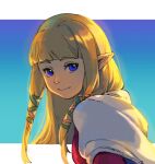  1girl bangs blonde_hair blue_background blue_eyes blunt_bangs capelet closed_mouth commentary dated_commentary gradient gradient_background green_ribbon hair_ribbon highres long_hair looking_at_viewer pink_ribbon pointy_ears princess_zelda ribbon shuangsen sidelocks signature smile solo the_legend_of_zelda the_legend_of_zelda:_skyward_sword upper_body white_capelet 