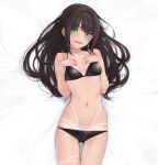  1girl absurdres ass_visible_through_thighs bangs bare_arms bare_shoulders bed_sheet bikini bikini_tan black_bikini black_hair blush breasts cleavage collarbone commentary_request eyebrows_visible_through_hair green_eyes hands_on_own_chest highres kurosawa_dia long_hair looking_at_viewer love_live! love_live!_sunshine!! lying mole mole_under_mouth nasuno_(nasuno42) navel on_back on_bed open_mouth skindentation small_breasts solo stomach swimsuit tan tanlines thigh_gap 
