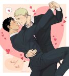  2boys ass bertolt_hoover black_pants black_suit blonde_hair brown_hair couple dancing dated eye_contact feet_out_of_frame heart husband_and_husband looking_at_another male_focus multiple_boys nene_(10575936) noses_touching pants reiner_braun shingeki_no_kyojin short_hair spoken_heart yaoi 