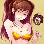  2girls artist_name bikini bikini_top breasts chibi cleavage commentary english_commentary haysey highres kujikawa_rise medium_breasts multiple_girls open_mouth persona persona_4 red_hair shadow_rise shiny shiny_skin simple_background swimsuit twintails yellow_bikini yellow_eyes 