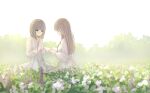  2girls bangs blue_eyes breasts brown_hair commentary_request day dress eyebrows_visible_through_hair field flower flower_field long_hair long_sleeves missile228 multiple_girls original outdoors pink_flower puffy_long_sleeves puffy_sleeves purple_flower small_breasts white_dress white_flower 