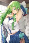  1girl absurdres armpits bare_shoulders blue_skirt blush breasts detached_sleeves eyebrows_visible_through_hair frog_hair_ornament green_eyes green_hair hair_between_eyes hair_ornament highres japanese_clothes kochiya_sanae large_breasts long_hair nontraditional_miko skirt snake_hair_ornament solo touhou uchisaki_himari upper_body wide_sleeves 