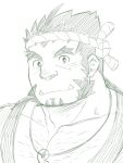  1boy bara chest_hair commentary_request ei_(marutendon) facial_hair fangs hachimaki headband large_pectorals long_sideburns looking_at_viewer magatama magatama_necklace male_focus mature_male muscular muscular_male pectoral_cleavage pectorals portrait short_hair sideburns sketch smile solo tajikarao_(housamo) tokyo_afterschool_summoners traditional_media upper_body 