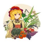  1girl aki_minoriko apple bangs beige_background black_ribbon blonde_hair blush chestnut choker collared_shirt commentary fig food food_on_head fruit fruit_on_head grapes grin hat juliet_sleeves kaigen_1025 long_sleeves mushroom neck_ribbon object_on_head onion persimmon puffy_sleeves pumpkin red_apple red_eyes red_headwear ribbon ribbon_choker shirt short_hair sidelocks smile solo sweet_potato touhou upper_body vegetable white_background wide_sleeves wing_collar 