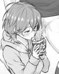  1boy 1girl blush bottomless copyright_request cum_in_container cup greyscale hetero holding holding_cup hood hoodie long_sleeves male_pubic_hair medium_hair monochrome penis pubic_hair sanagi_torajirou shirt simple_background testicles white_background 