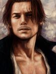  1boy black_coat brown_hair coat collarbone commentary_request facial_hair grey_background highres male_focus one_piece pekanpeka realistic scar scar_across_eye shanks solo stubble upper_body 