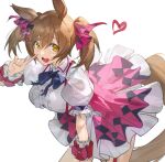  1girl absurdres animal_ears bangs bow breasts brown_eyes brown_hair center_frills collared_dress commentary cowboy_shot dress frills garter_straps hair_bow hair_ribbon heart highres horse_ears horse_girl horse_tail index_finger_raised kkj25 large_breasts leaning_forward looking_at_viewer neck_ribbon open_mouth pink_skirt puffy_short_sleeves puffy_sleeves ribbon short_hair short_sleeves short_twintails simple_background skirt smart_falcon_(umamusume) solo suspender_skirt suspenders tail twintails umamusume white_background white_dress 