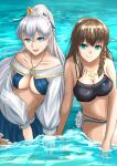  2girls anastasia_(fate) anastasia_(swimsuit_archer)_(fate) bangs bare_shoulders bikini black_bikini blue_bikini blue_eyes blush bow braid breasts brown_hair charlotte_corday_(fate) charlotte_corday_(swimsuit_caster)_(fate) cleavage collarbone fate/grand_order fate_(series) flower green_eyes hair_bow hair_over_one_eye highres jewelry ksfactory large_breasts long_hair looking_at_viewer mismatched_bikini multiple_girls navel necklace ocean pendant ponytail short_hair side_braid silver_hair smile swimsuit thighs very_long_hair 