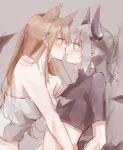  2girls animal_ears arknights blush breasts brown_hair commentary_request dragon_girl dragon_horns eye_contact eyebrows_visible_through_hair face-to-face fox_ears fox_girl franka_(arknights) grey_hair highres horns imminent_kiss liskarm_(arknights) long_hair looking_at_another matsuzaka_(matsuzakagyu_29) multiple_girls parted_lips tail yuri 