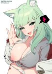  1girl :d ahmoni_(arknights) animal_ear_fluff animal_ears arknights bangs blunt_bangs breasts commentary_request ett eyebrows_visible_through_hair fang green_eyes green_hair highres korean_commentary large_breasts long_hair looking_at_viewer nipples one_breast_out open_mouth panties patreon_username shirt simple_background skin_fang smile solo thighs underwear white_background white_panties white_shirt 