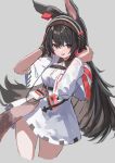  1girl :p absurdres animal_ears april_(arknights) arknights bangs black_hair commentary cowboy_shot cropped_legs dress earclip grey_background hair_between_eyes hands_on_headphones highres id_card implied_extra_ears long_hair looking_at_viewer purple_eyes rabbit_ears shoa_tksm simple_background solo symbol-only_commentary tongue tongue_out white_dress 