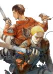  2boys back-to-back bertolt_hoover blonde_hair brown_hair feet_out_of_frame frown harness holding holding_sword holding_weapon jacket leather leather_belt leather_jacket looking_back male_focus multiple_boys navel prema-ja reiner_braun shingeki_no_kyojin short_hair sideburns smile sword three-dimensional_maneuver_gear weapon white_background 