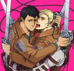  2boys bertolt_hoover blonde_hair brown_hair dark-skinned_male dark_skin from_above holding holding_sword holding_weapon jacket leather leather_jacket licking licking_another&#039;s_cheek licking_another&#039;s_face male_focus multiple_boys nene_(10575936) pants reiner_braun shingeki_no_kyojin short_hair sword three-dimensional_maneuver_gear tongue tongue_out weapon white_pants wire yaoi 