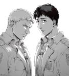  2boys backlighting bertolt_hoover brown_hair bulge chest_harness collarbone collared_jacket from_side frown greyscale harness jacket leather leather_jacket looking_at_viewer male_focus monochrome multiple_boys navel nene_(10575936) nose pectorals realistic reiner_braun shingeki_no_kyojin short_hair sweatdrop white_background 