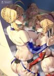  1boy 3girls ahoge areolae artoria_pendragon_(fate) artoria_pendragon_(lancer)_(fate) ass ass_grab back bangs bare_shoulders bikini blonde_hair blue_bikini blue_legwear blush braid breasts censored choker closed_mouth club3 commentary detached_sleeves english_commentary erection fairy_knight_gawain_(fate) fate/apocrypha fate/grand_order fate_(series) french_braid fujimaru_ritsuka_(male) garter_belt green_eyes hair_between_eyes hair_ornament hair_scrunchie handjob hetero kiss large_breasts licking_lips lips long_hair looking_at_viewer looking_to_the_side mordred_(fate) mordred_(fate/apocrypha) mosaic_censoring mother_and_daughter multiple_girls nipples nude parted_bangs penis ponytail red_bikini red_legwear revision scrunchie sidelocks small_breasts smile standing swimsuit thighhighs tongue tongue_out wet 