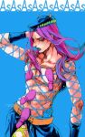  1boy abs akono arm_behind_head blending blue_lips commentary_request fishnets hat jojo_no_kimyou_na_bouken long_hair male_focus narciso_anasui navel pink_eyes pink_hair signature solo stone_ocean 