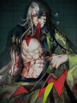  1boy abs ashiya_douman_(fate) asymmetrical_clothes asymmetrical_hair bell black_eyes black_hair blood blood_on_clothes blood_on_face blood_on_hands blood_stain bruise curly_hair earrings eyeshadow fang fate/grand_order fate_(series) fingernails green_eyeshadow green_kimono green_lips green_nails hadanugi_dousa hair_bell hair_between_eyes hair_intakes hair_ornament highres injury japanese_clothes jewelry kimono lipstick long_hair looking_at_viewer magatama magatama_earrings makeup male_focus multicolored_hair navel nipples noka_(noka8103) open_clothes open_kimono pectorals revision ribbed_sleeves sharp_fingernails sitting solo split-color_hair toned toned_male translation_request two-tone_hair very_long_fingernails very_long_hair white_hair 