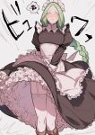  1girl alternate_costume apron black_dress blush boots braid breasts brown_footwear clothes_lift commentary_request dress dress_lift enmaided fire_emblem fire_emblem:_three_houses frilled_apron frilled_dress frills garter_straps green_eyes green_hair highres ikarin large_breasts long_hair long_sleeves maid maid_headdress nose_blush puffy_long_sleeves puffy_sleeves rhea_(fire_emblem) single_braid solo spoken_squiggle squiggle sweat thighhighs very_long_hair white_apron white_legwear wind wind_lift 