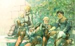  1girl 2boys annie_leonhardt bertolt_hoover blonde_hair blush boots brown_hair chest_harness commentary_request feet_out_of_frame grin harness knee_boots leather leather_boots multiple_boys pants pectorals prema-ja reiner_braun shingeki_no_kyojin short_hair sideburns smile sunlight three-dimensional_maneuver_gear toned toned_male tree white_pants wiping_face 