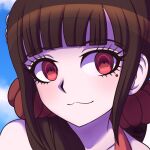  1girl 2021 :3 bangs blue_background brown_hair danganronpa_(series) danganronpa_v3:_killing_harmony day english_commentary eyebrows_visible_through_hair face hair_ornament hairclip harukawa_maki inglebard long_hair looking_at_viewer low_twintails mole mole_under_eye outdoors pale_skin portrait red_eyes red_scrunchie scrunchie signature smile solo twintails 