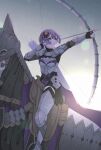  1girl absurdres aiming armor arrow_(projectile) bangs barding bernadetta_von_varley boobplate bow bow_(weapon) breastplate commentary_request commission fire_emblem fire_emblem:_three_houses grey_eyes hair_bow highres holding holding_bow_(weapon) holding_weapon horse leg_armor purple_hair quiver riding saddle short_hair skeb_commission sky solo star_(sky) starry_sky thighhighs vambraces weapon yoshioka_machiko 
