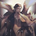  1boy angel_wings bangs bird brown_hair brown_theme chengzhineixihuanxiaogou closed_eyes eren_yeager feathered_wings feet_out_of_frame highres male_focus multiple_wings older open_clothes open_shirt shingeki_no_kyojin solo tied_hair wings 