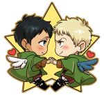  2boys bertolt_hoover blonde_hair blush brown_hair capelet chibi couple eye_contact feathered_wings green_capelet heart holding_hands interlocked_fingers looking_at_another male_focus multiple_boys nene_(10575936) reiner_braun shingeki_no_kyojin short_hair wings yaoi 