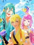  3boys :d absurdres bad_id bad_pixiv_id blonde_hair blue_hair blue_sky braid chatan_nakiri chiganemaru_(touken_ranbu) chiyoganemaru colored_eyelashes day facing_viewer grin hand_up hataya highres holding japanese_clothes kimono looking_at_viewer male_focus multiple_boys open_mouth outdoors pink_eyes pink_hair sky smile snail_shell touken_ranbu water_drop yellow_eyes 