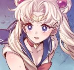  1girl bangs bishoujo_senshi_sailor_moon blonde_hair blue_background blue_sailor_collar blush breasts bright_pupils circlet cleavage crescent crescent_earrings derivative_work earrings hair_ornament jewelry long_hair magical_girl meme mimonel parted_bangs parted_lips purple_eyes sailor_collar sailor_moon sailor_moon_redraw_challenge_(meme) school_uniform screencap_redraw serafuku solo sweat tsukino_usagi twintails upper_body white_pupils wide-eyed 