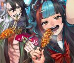  1boy 1girl ashiya_douman_(fate) asymmetrical_hair black_eyes black_hair blue_hair blush brown_eyes earrings eating eyeshadow fate/grand_order fate_(series) fingernails food green_eyeshadow green_lips green_nails highres holding holding_food japanese_clothes jewelry lipstick looking_at_viewer magatama magatama_earrings makeup multicolored_hair nail_polish noka_(noka8103) red_hair revision sailor_collar sei_shounagon_(fate) sharp_fingernails skewer smile two-tone_hair white_hair 