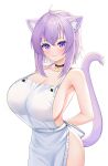  1girl ahoge animal_ear_fluff animal_ears apron bangs black_choker blush breasts cat_ears cat_girl cat_tail choker closed_mouth commentary_request cowboy_shot eyebrows_visible_through_hair eyes_visible_through_hair highres hololive large_breasts long_hair looking_at_viewer naked_apron neko_lu_(wofud453) nekomata_okayu purple_eyes purple_hair sideboob smile solo standing tail tail_raised virtual_youtuber white_apron 