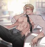 2boys abs bara bare_pectorals black_pants blush bulge chengzhineixihuanxiaogou clothes_lift erection erection_under_clothes eren_yeager feet_out_of_frame grabbing grey_male_underwear hand_on_own_face highres large_pectorals male_focus male_underwear male_underwear_peek multiple_boys muscular muscular_male navel necktie pants pectoral_grab pectorals reiner_braun shingeki_no_kyojin shirt_lift solo_focus spread_legs underwear undressing_another yaoi 