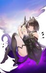 2girls :&lt; absurdres animal_ears arknights ass bangs bare_shoulders barefoot between_legs black_choker black_dress black_hair black_skin blonde_hair blush blush_stickers cat_ears cat_girl cat_tail character_request choker closed_eyes closed_mouth colored_skin commentary_request dress eyebrows_visible_through_hair full_body gradient_skin highres hug long_sleeves looking_at_viewer mandrake_(arknights) multiple_girls parted_bangs short_dress tabayashi tail thighlet v-shaped_eyebrows wide_sleeves yellow_eyes 