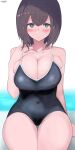  1girl bangs bare_arms bare_legs black_swimsuit blush breasts brown_hair cleavage closed_mouth collarbone commentary_request covered_navel eyebrows_visible_through_hair green_eyes highres himuka_(523) large_breasts one-piece_swimsuit original school_swimsuit signature simple_background sitting skindentation solo swimsuit thighs wet 