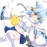  &gt;_&lt; 1girl :d animal_ears azur_lane bangs bare_shoulders bell blue_hair blue_skirt breasts closed_eyes commentary_request crop_top detached_sleeves eyebrows_visible_through_hair feet_out_of_frame fubuki_(azur_lane) groin hair_bell hair_between_eyes hair_ornament hands_up highres jingle_bell kanijiru knees_together_feet_apart long_sleeves looking_at_viewer manjuu_(azur_lane) medium_breasts midriff navel open_mouth pleated_skirt ribbon-trimmed_sleeves ribbon_trim shide skirt smile solo thighhighs twitter_username white_legwear white_sleeves wide_sleeves yellow_eyes 