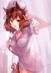  1girl :d absurdres animal_ears breasts brown_eyes brown_hair cleavage hand_up hat highres horse_ears horse_girl horse_tail looking_at_viewer medium_breasts multicolored_hair nice_nature_(umamusume) nurse nurse_cap open_mouth pizza_(artist) red_hair short_hair short_sleeves smile solo stethoscope streaked_hair tail thighs umamusume 