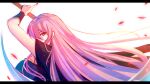  1girl arm_above_head breasts from_side hair_between_eyes highres hololive hololive_english large_breasts long_hair looking_at_viewer mori_calliope over_shoulder petals pink_eyes pink_hair solo tianshiko upper_body very_long_hair virtual_youtuber white_background 